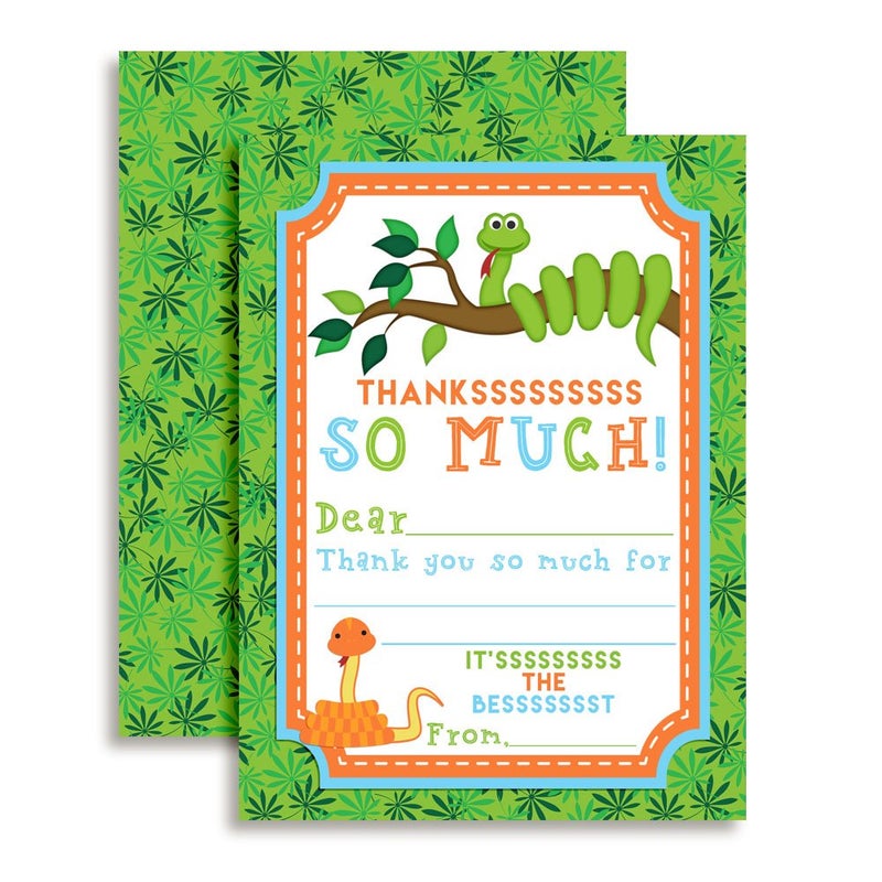 Amanda Creation Fun Colorful Snake Theme Design with Greenery 10 Thank You Notes 4"x5.5" Fill-in Cards with Envelopes, Kids Party Stationery Set, Perfect for Favors & Seals, Made in USA by Amanda Creation - Image 1